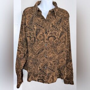 New York & Co brown black paisley Long Sleeve Stretch button shirt women XL